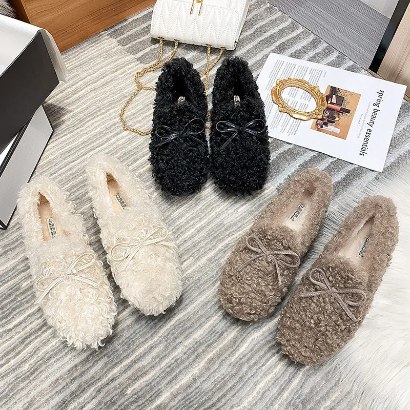 Women Frizz Faux-Fur Loafers Warm Winter Flat Bow Shoes