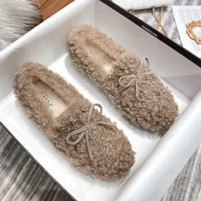 Women Frizz Faux-Fur Loafers Warm Winter Flat Bow Shoes