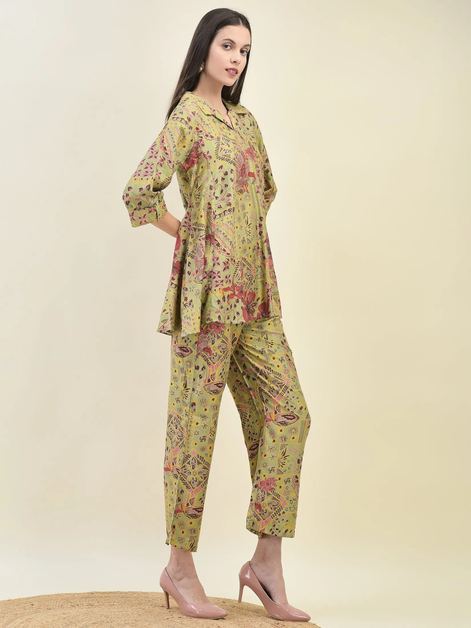 Women Viscose Green Floral Print Co-Ord Set