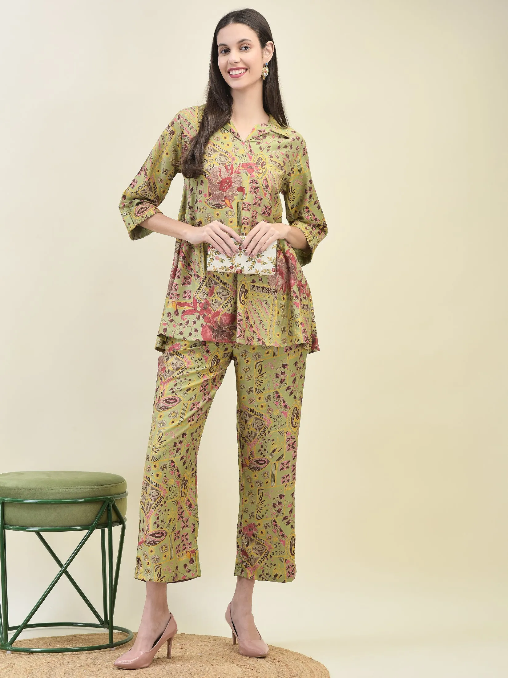 Women Viscose Green Floral Print Co-Ord Set