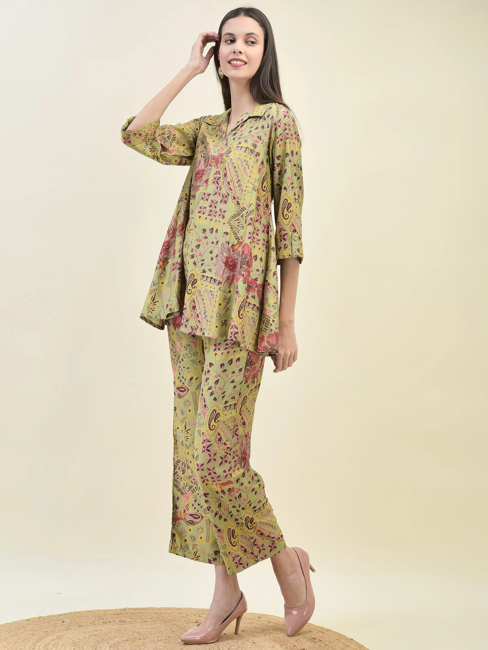 Women Viscose Green Floral Print Co-Ord Set