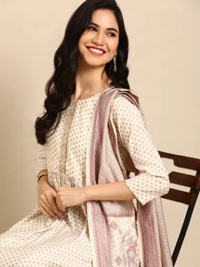 Women's Beige Printed  Kurta Set