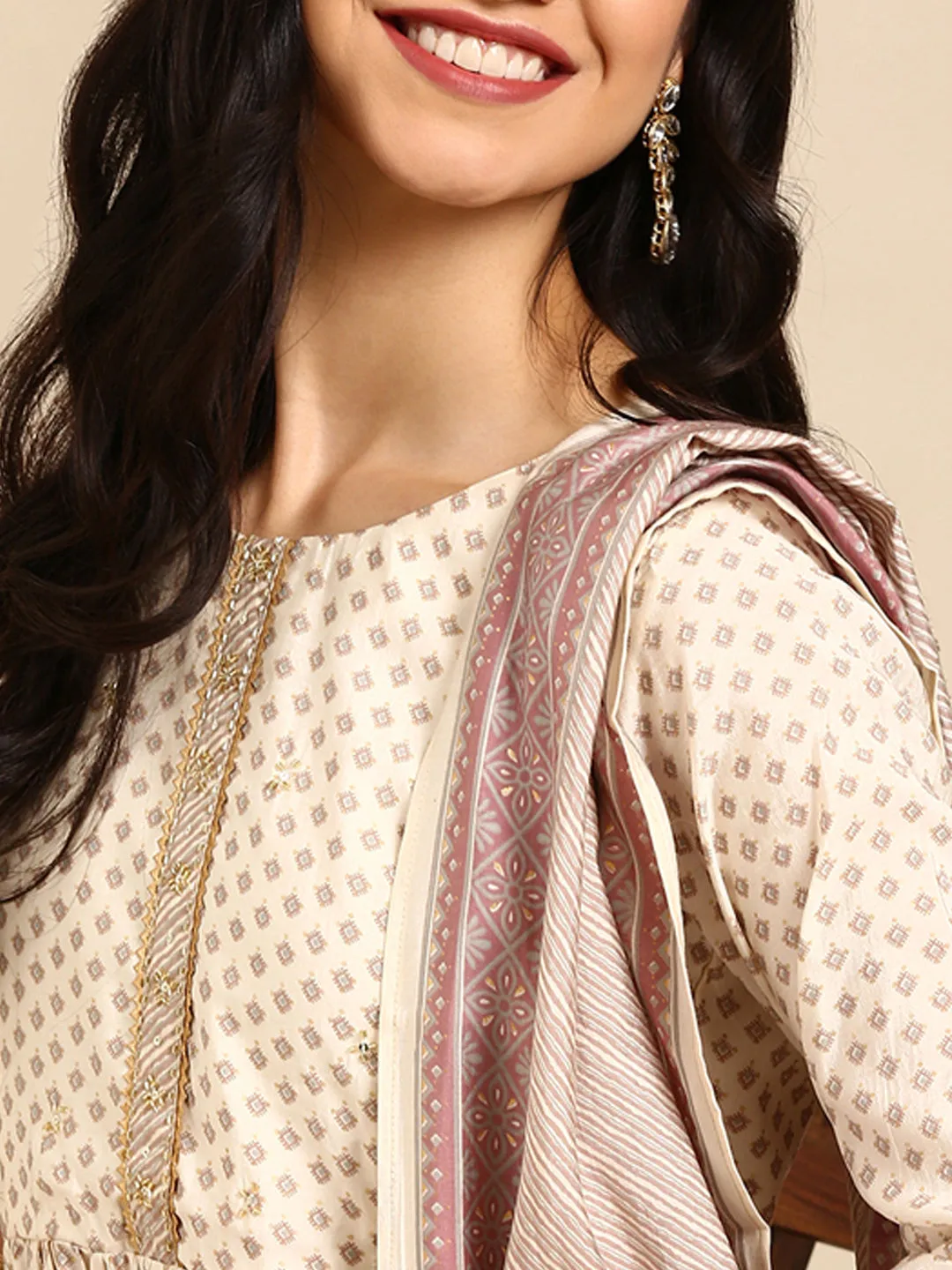 Women's Beige Printed  Kurta Set