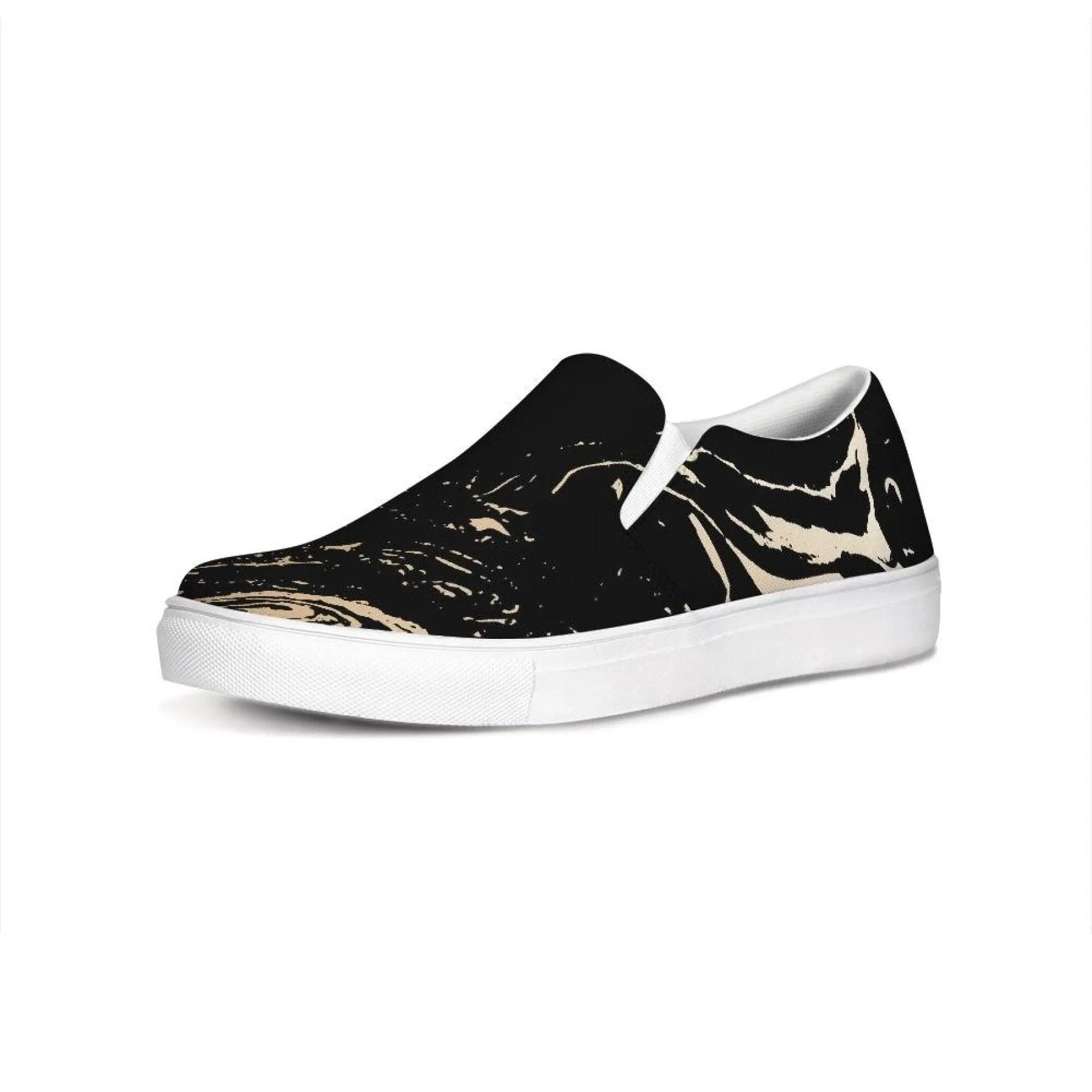 Womens Sneakers - Black & Beige Swirl Style Low Top Slip-on Canvas