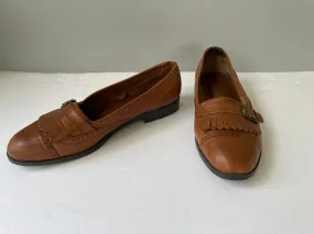 Womens The Leather Collection Flat Loafers Size 7 Brown Leather Side Buckle Fringe